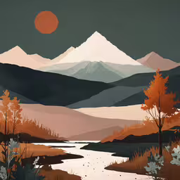 an artistic image of a landscape with mountains,a painting of mountains and trees with a lake below