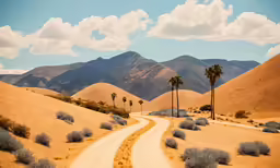 a road winding uphill in the desert near mountains