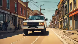 a white truck sitting on the street between buildings,a truck on a road surrounded by buildings