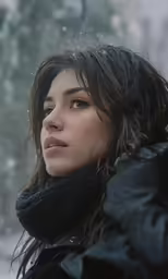 woman in black jacket standing under snowfall in the woods