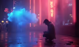 a man sitting on a floor next to a blue cloud in the air