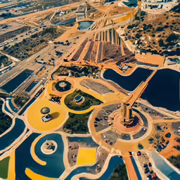 an aerial view of several different structures near a highway
