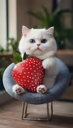 a white cat holding a strawberries on a stool