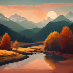 a mountain scenery with a creek and sunset,a colorful landscape with hills and trees reflected in a small pond