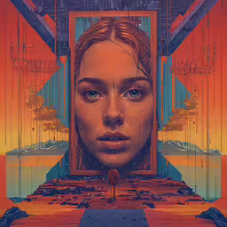 a beautiful woman in front of an open window with orange light,an abstract painting of a woman