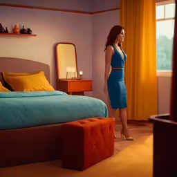 woman in bright blue dress looking out of window in bedroom