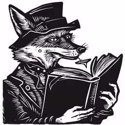 black and white illustration of a fox reading a book,a fox reading a book in an old fashioned woodcut