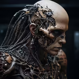 a weird looking, humanoid woman with a large metal structure behind her