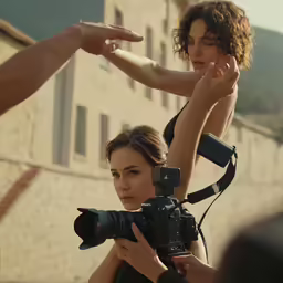 a woman holding up a camera to another girl