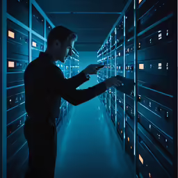 a man in a long dark hallway reaching for files