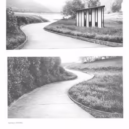 two photographs of a walkway in black and white