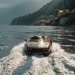 a car driving through some snow near the water