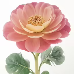 a pink flower with green leaves is next to some white wall