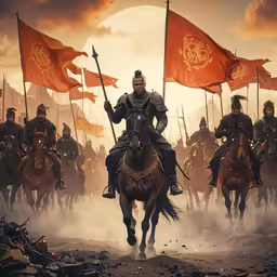 the horse riders are in the middle of a battle