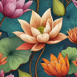 large colorful flowers and leaves on a deep blue background