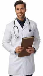a male doctor in a white coat is holding a clipboard