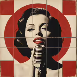 a woman singing into a microphone painted on tiles