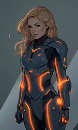 a female character wearing a dark blue armor and a fire effect