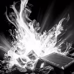 a bible is sitting on rocks with fire and water coming out of it