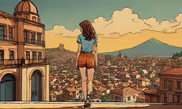 woman overlooking the city and mountain range from roof,a woman stands on top of a balcony in front of an old town