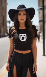 a woman wearing a black hat and top with high slit