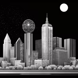 cityscape is displayed at night with the moon in the sky