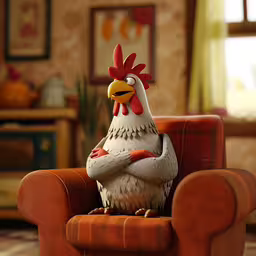 an animated chicken is sitting on a chair,a 3d rendering of a rooster sits in a red chair