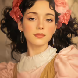 a girl wearing flower earrings with hair blowing in the wind