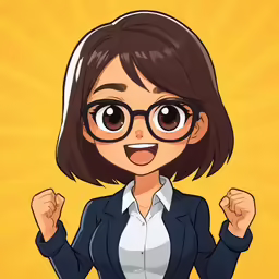 a woman wearing glasses with a yellow background