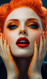 a woman with red hair and orange make - up
