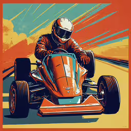 an orange and black framed painting of a man driving a racing car,the man is driving an orange car on the street