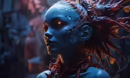 woman with blue makeup and long red braid hairs with blood flowing across it