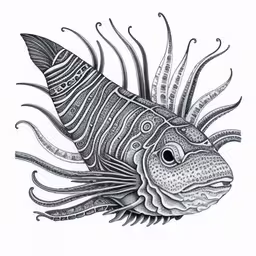 a black and white illustration of a fish,an ornate fish is shown in this illustration