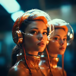 two women wearing helmets are wearing headphones and orange hair