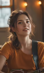 a woman with a guitar looks into the distance
