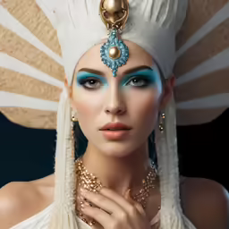 a woman is posing with a large gold brooch and blue makeup
