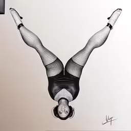 a woman with stockings and tighties standing upside down