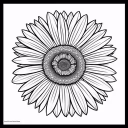 a large black and white flower on a white background,a drawing with lines that is in the middle of it,a drawing with black lines in a square shape with a flower center,an art work with a large flower in the middle,an image of a large sunflower in black and white