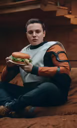 a person sits on a couch holding a plate with a sandwich