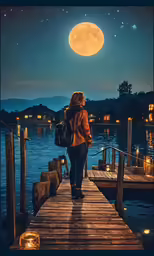 a woman looking at the full moon over the water