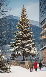 two people walking up the snow covered slopes of a hill next to a tree