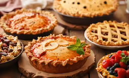 pies, tarts, and fruit are on display on display