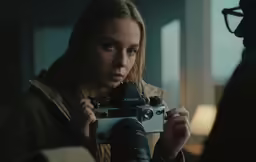 the woman is standing behind a camera holding a picture