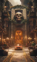 a room filled with furniture, clocks and a skull