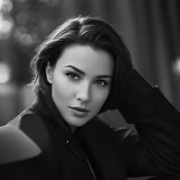 a woman wearing a jacket and necklace posing for a portrait