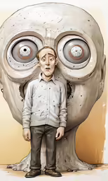 a drawing of a boy standing in front of a cartoony looking robot