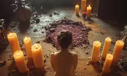 a woman is sitting in front of some candles