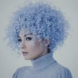 a woman with blue curls is wearing a grey sweater