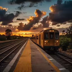 a train pulls into a station as the sun sets