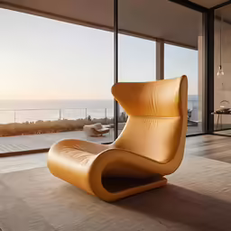a very nice looking chair in front of some large windows